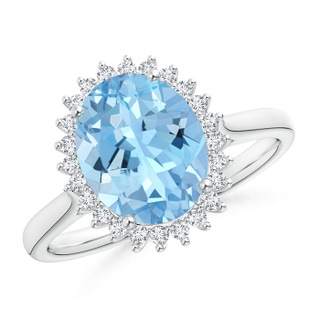 10x8mm AAAA Classic Oval Aquamarine Floral Halo Ring in P950 Platinum