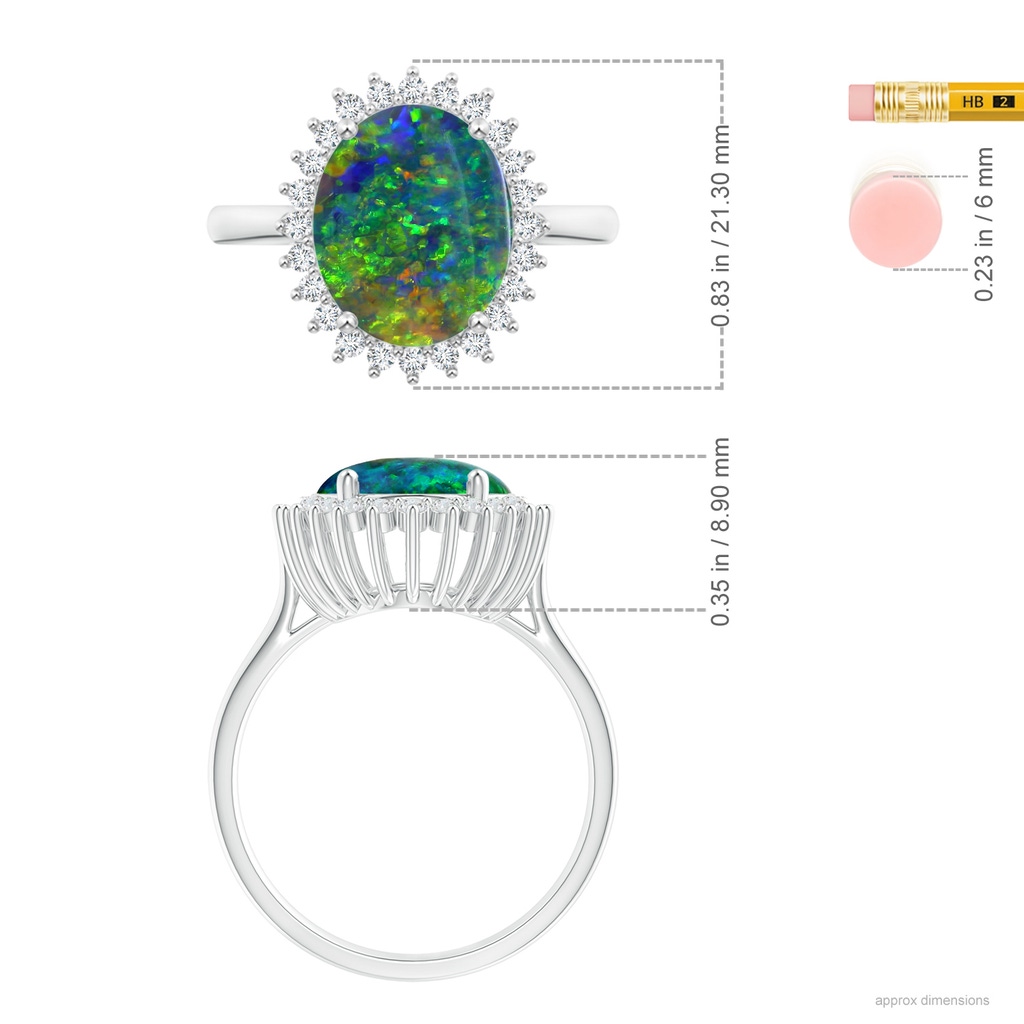15.92x10.55x4.21mm AAAA GIA Certified Classic Oval Black Opal Floral Halo Ring in 18K White Gold Ruler