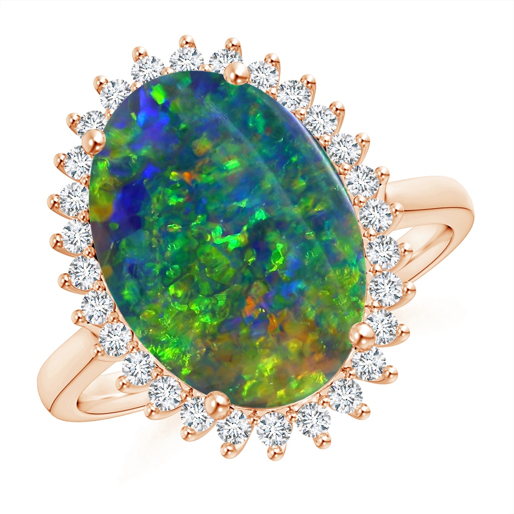 15.92x10.55x4.21mm AAAA GIA Certified Classic Oval Black Opal Floral Halo Ring in Rose Gold