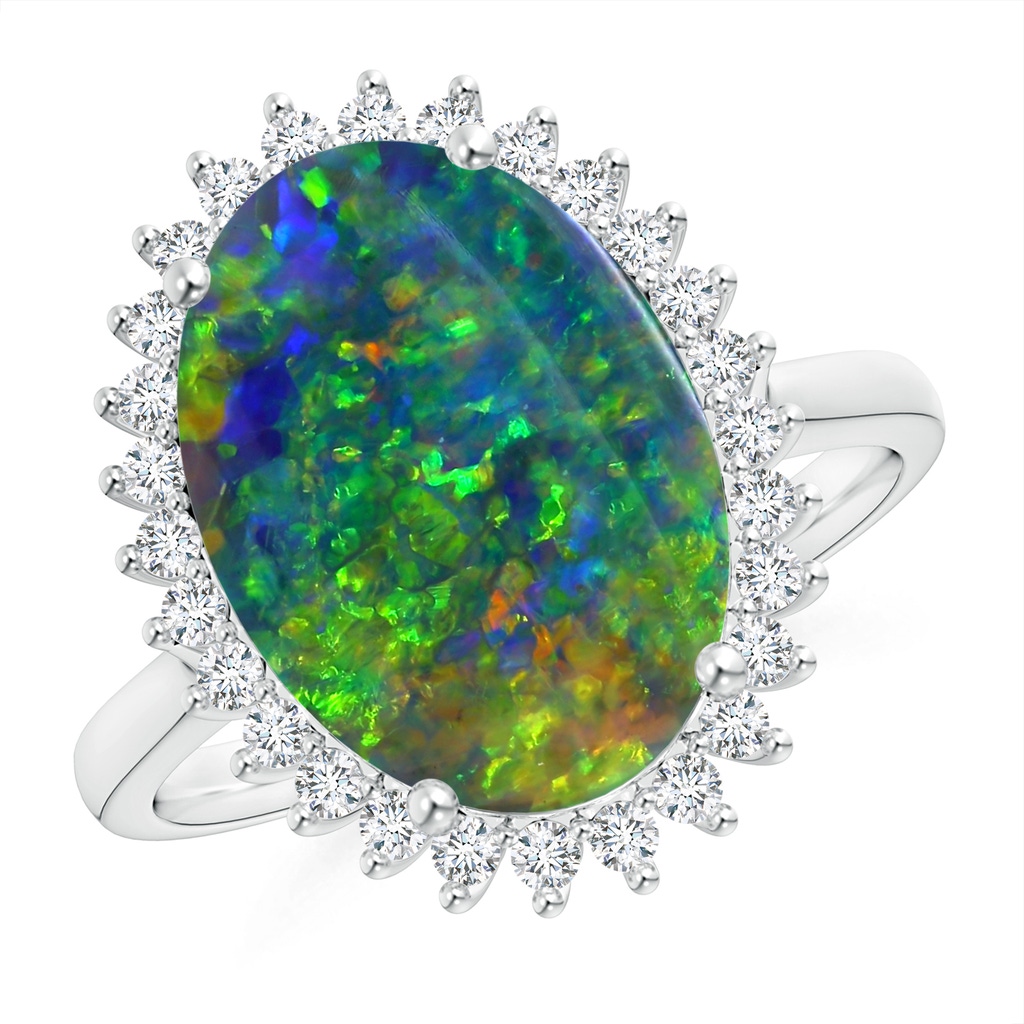 15.92x10.55x4.21mm AAAA GIA Certified Classic Oval Black Opal Floral Halo Ring in White Gold 