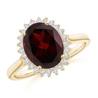 10x8mm A Classic Oval Garnet Floral Halo Ring in 9K Yellow Gold