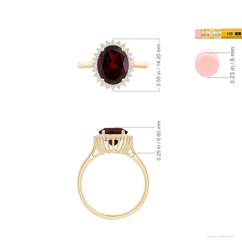 10x8mm A Classic Oval Garnet Floral Halo Ring in Yellow Gold ruler