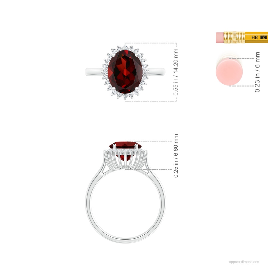 10x8mm AAA Classic Oval Garnet Floral Halo Ring in White Gold ruler