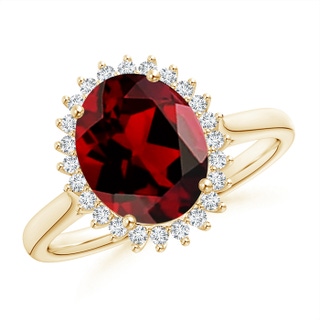 10x8mm AAAA Classic Oval Garnet Floral Halo Ring in Yellow Gold