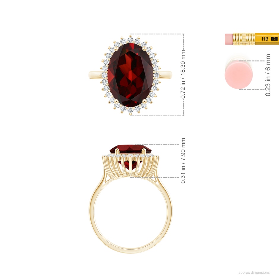 14x10mm AAA Classic Oval Garnet Floral Halo Ring in Yellow Gold ruler