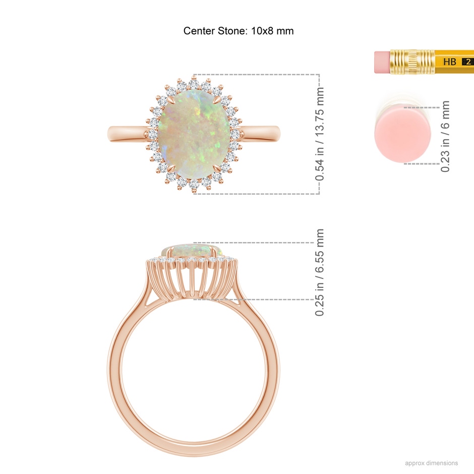 10x8mm AAA Classic Oval Opal Floral Halo Ring in Rose Gold ruler