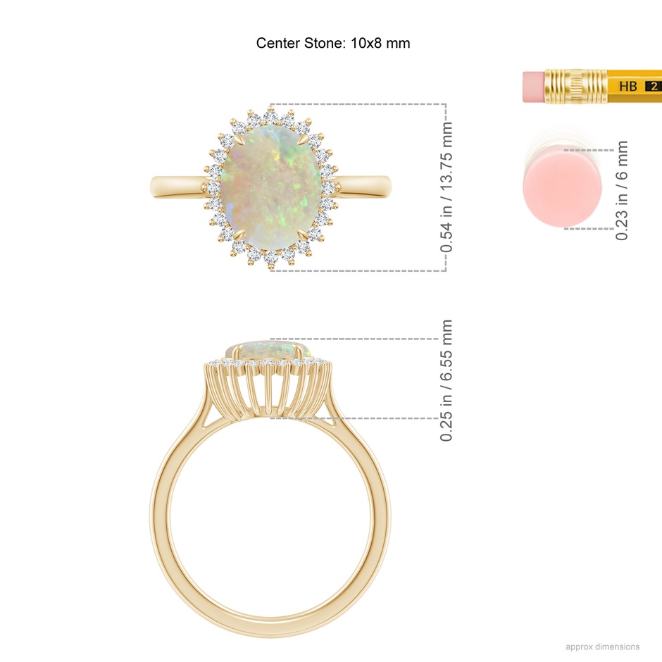 10x8mm AAA Classic Oval Opal Floral Halo Ring in Yellow Gold ruler