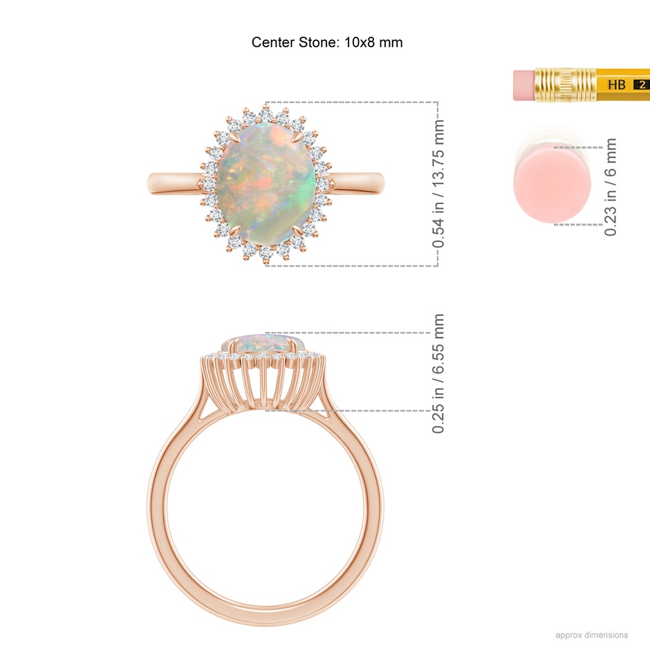 10x8mm AAAA Classic Oval Opal Floral Halo Ring in Rose Gold ruler