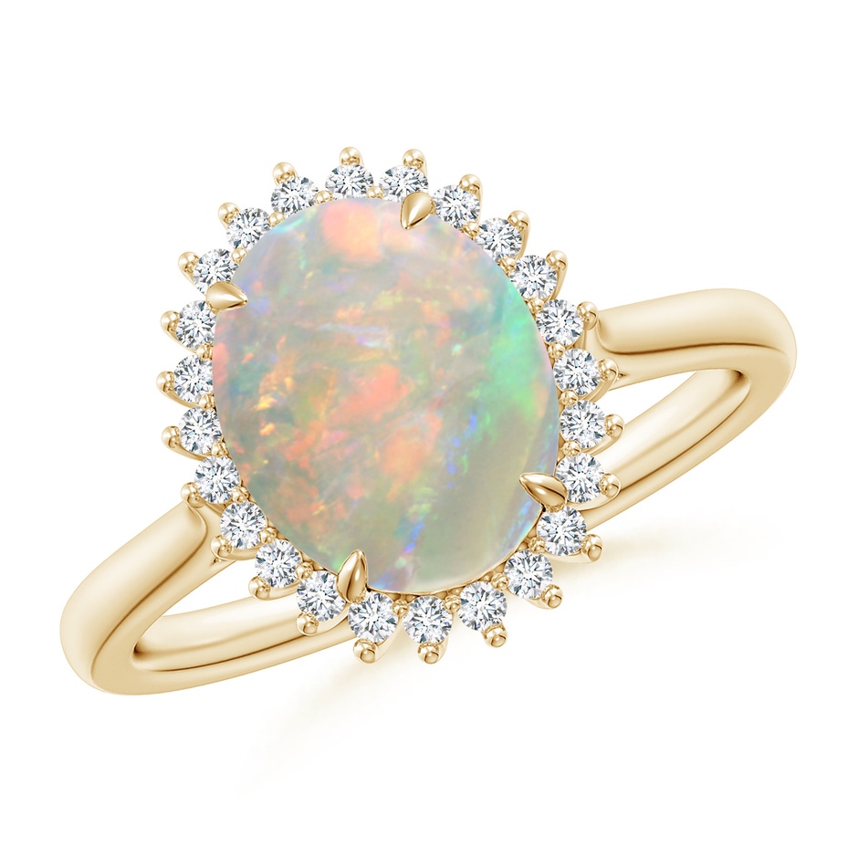 10x8mm AAAA Classic Oval Opal Floral Halo Ring in Yellow Gold 