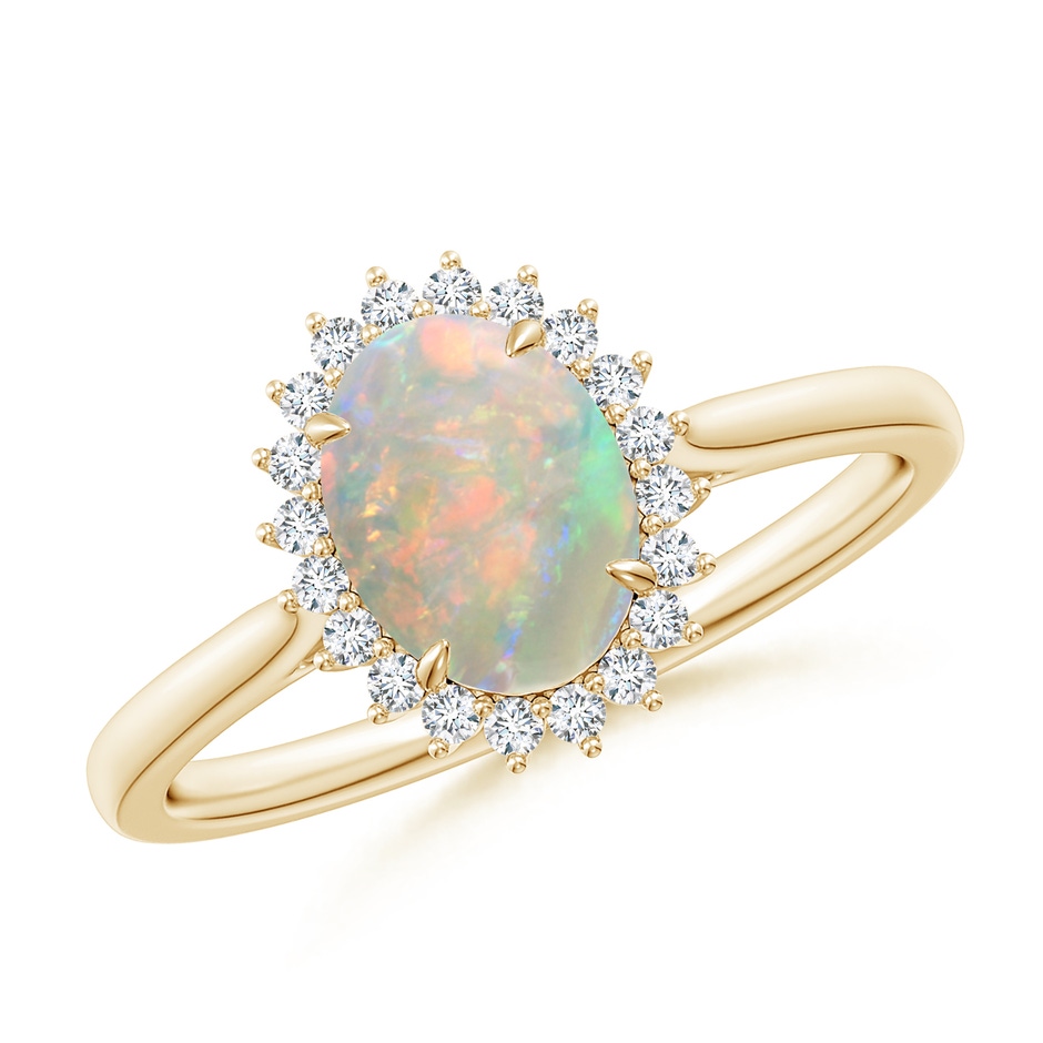 8x6mm AAAA Classic Oval Opal Floral Halo Ring in Yellow Gold 
