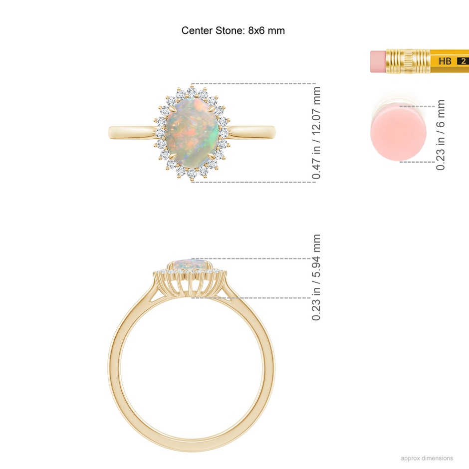 8x6mm AAAA Classic Oval Opal Floral Halo Ring in Yellow Gold ruler