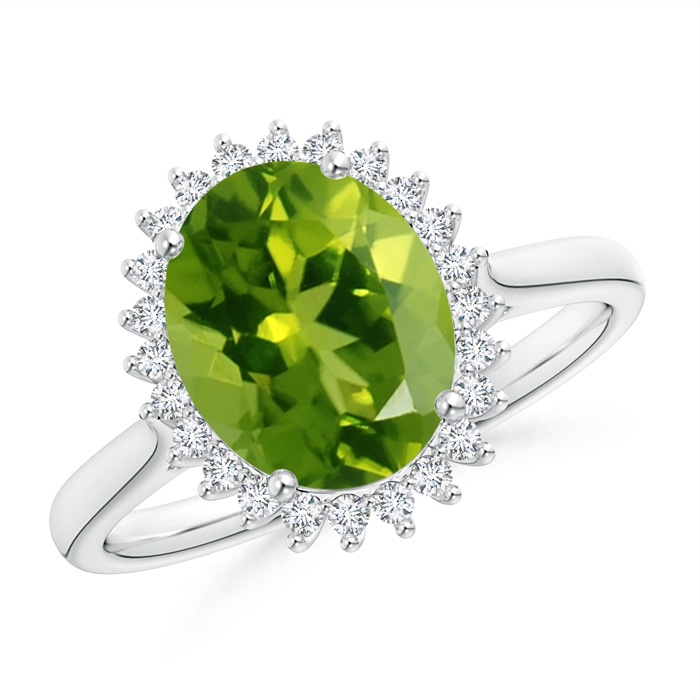 10x8mm AAAA Classic Oval Peridot Floral Halo Ring in P950 Platinum