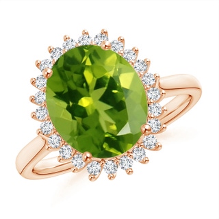 11x9mm AAAA Classic Oval Peridot Floral Halo Ring in Rose Gold