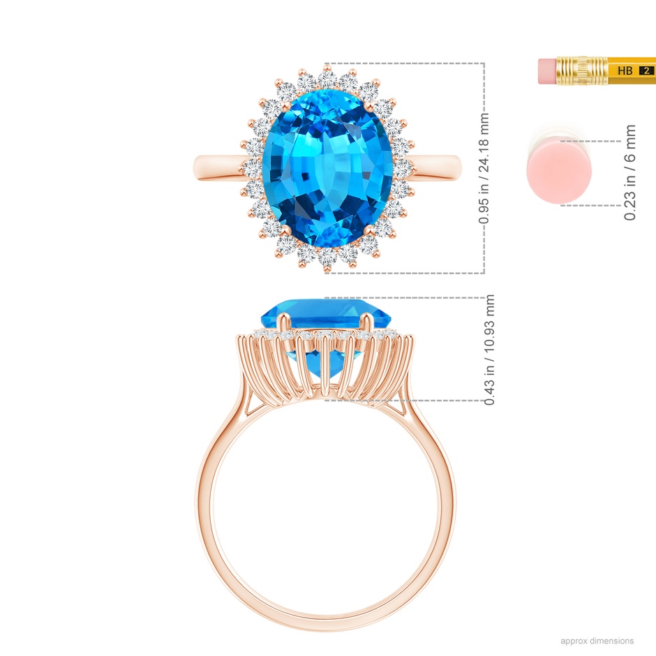 18.02x13.03x9.46mm AAAA GIA Certified Classic Oval Swiss Blue Topaz Floral Halo Ring in 18K Rose Gold ruler
