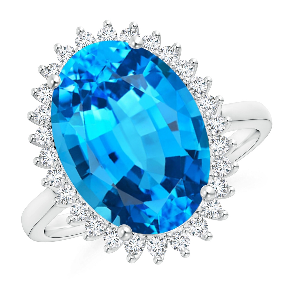 18.02x13.03x9.46mm AAAA GIA Certified Classic Oval Swiss Blue Topaz Floral Halo Ring in White Gold