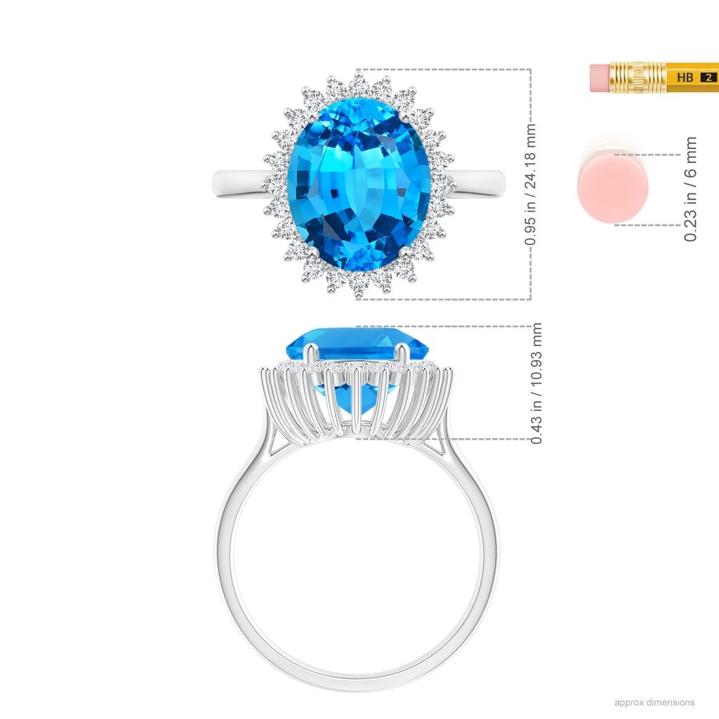 18.02x13.03x9.46mm AAAA GIA Certified Classic Oval Swiss Blue Topaz Floral Halo Ring in White Gold Ruler