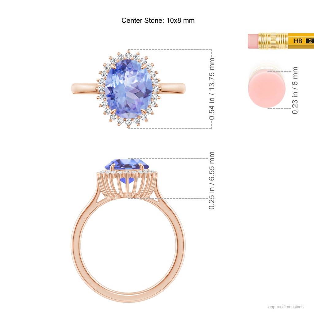 10x8mm A Classic Oval Tanzanite Floral Halo Ring in Rose Gold Ruler