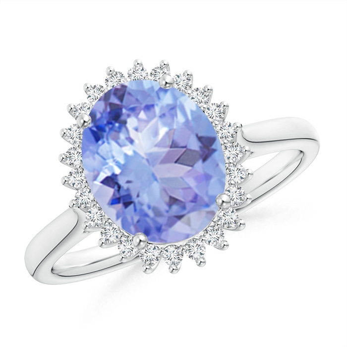 10x8mm A Classic Oval Tanzanite Floral Halo Ring in White Gold 