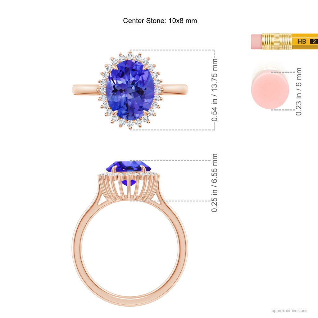 10x8mm AAA Classic Oval Tanzanite Floral Halo Ring in Rose Gold Ruler