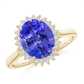 10x8mm AAA Classic Oval Tanzanite Floral Halo Ring in Yellow Gold