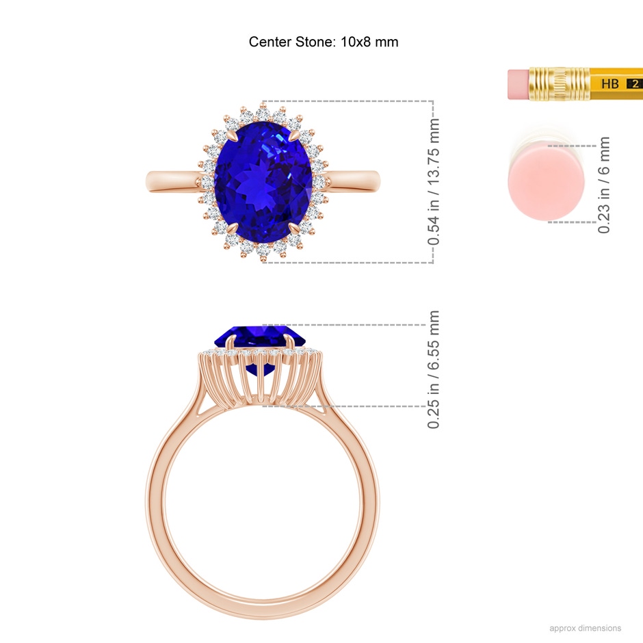 10x8mm AAAA Classic Oval Tanzanite Floral Halo Ring in Rose Gold ruler
