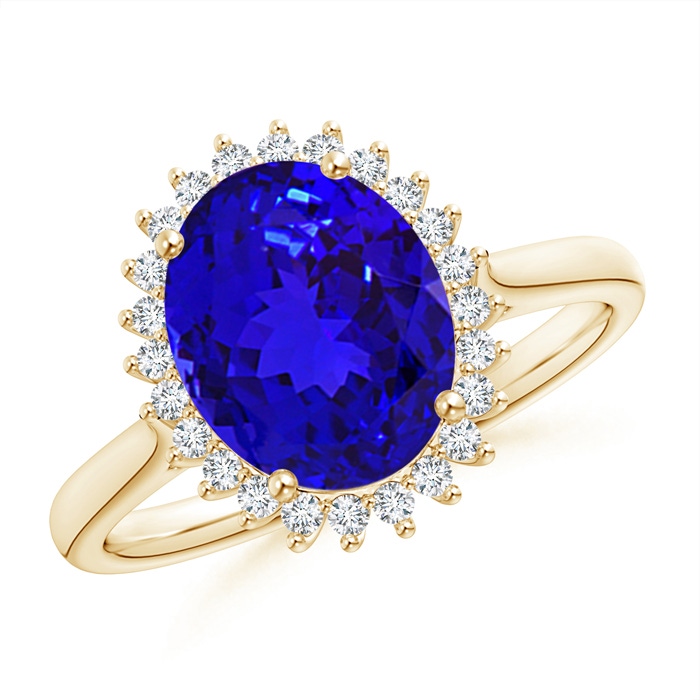 10x8mm AAAA Classic Oval Tanzanite Floral Halo Ring in Yellow Gold 