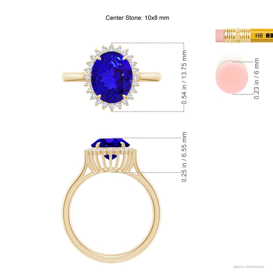 10x8mm AAAA Classic Oval Tanzanite Floral Halo Ring in Yellow Gold ruler