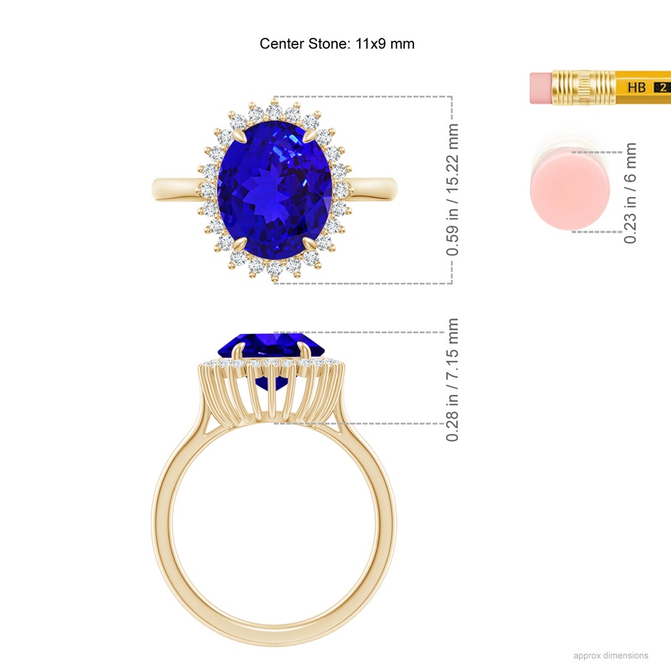 11x9mm AAAA Classic Oval Tanzanite Floral Halo Ring in Yellow Gold ruler