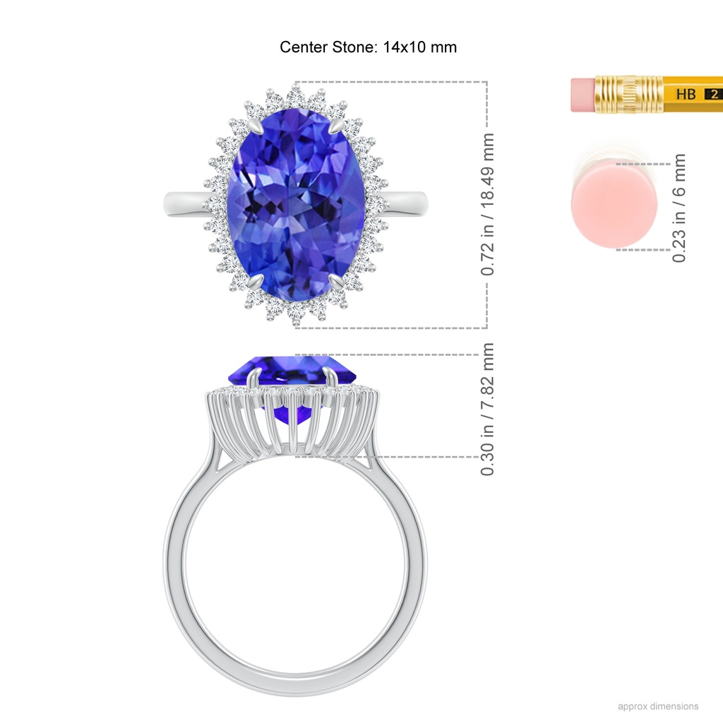 14x10mm AAA Classic Oval Tanzanite Floral Halo Ring in White Gold Ruler