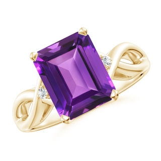 10x8mm AAAA Twist Shank Emerald Cut Amethyst Statement Ring in Yellow Gold