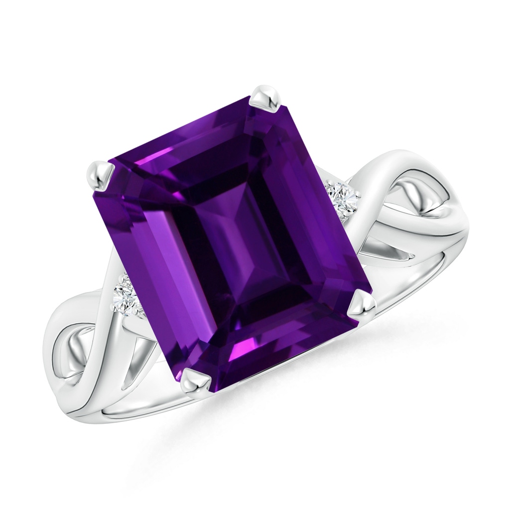 12.10x10.11x7.06mm AAA GIA Certified Emerald-Cut Amethyst Crossover Ring with Diamond Accents in White Gold