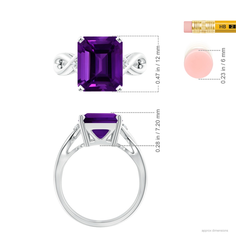 12.10x10.11x7.06mm AAA GIA Certified Emerald-Cut Amethyst Crossover Ring with Diamond Accents in White Gold ruler