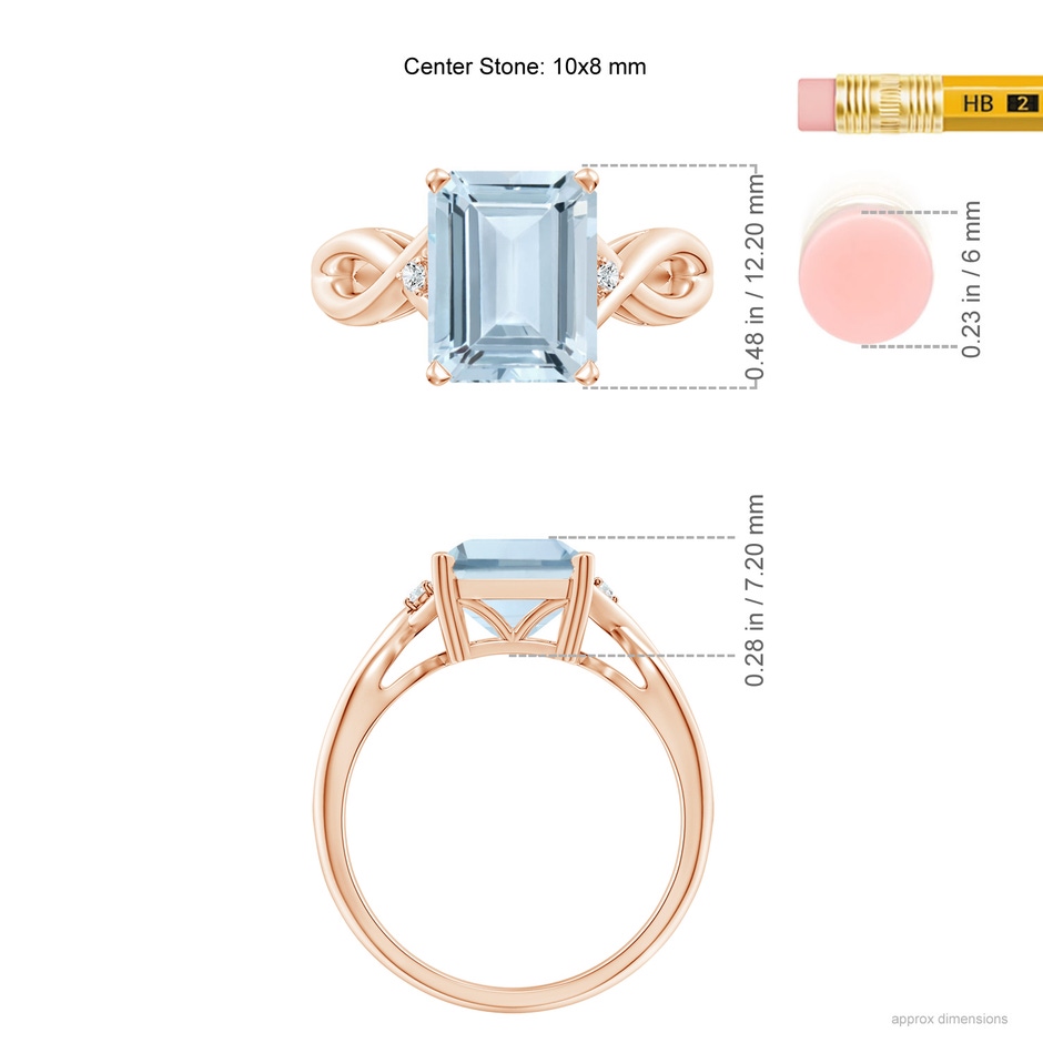 10x8mm A Twist Shank Emerald Cut Aquamarine Statement Ring in Rose Gold ruler