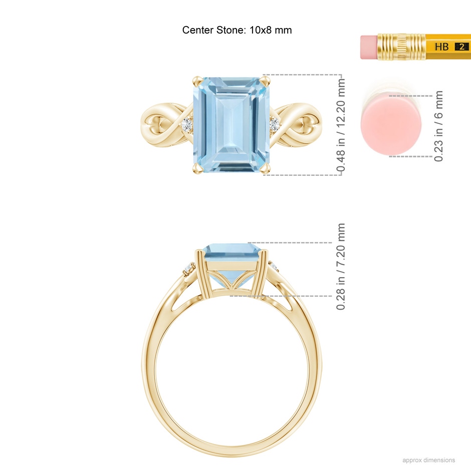 10x8mm AA Twist Shank Emerald Cut Aquamarine Statement Ring in Yellow Gold ruler