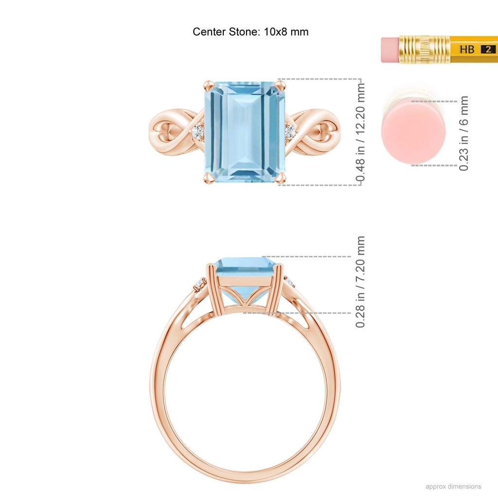10x8mm AAA Twist Shank Emerald Cut Aquamarine Statement Ring in Rose Gold Ruler