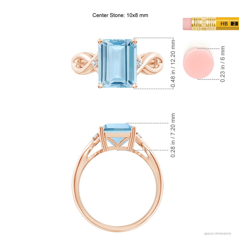 10x8mm AAA Twist Shank Emerald Cut Aquamarine Statement Ring in Rose Gold ruler