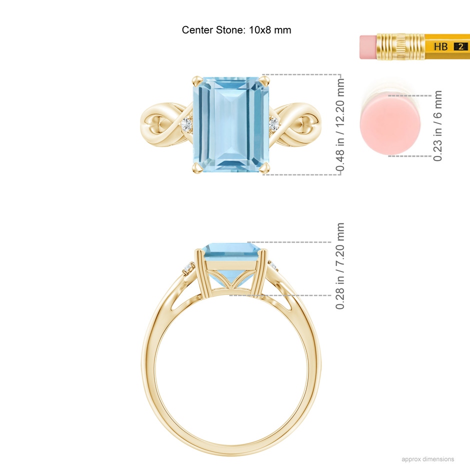 10x8mm AAA Twist Shank Emerald Cut Aquamarine Statement Ring in Yellow Gold ruler