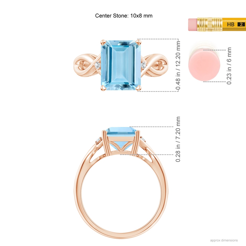 10x8mm AAAA Twist Shank Emerald Cut Aquamarine Statement Ring in Rose Gold ruler