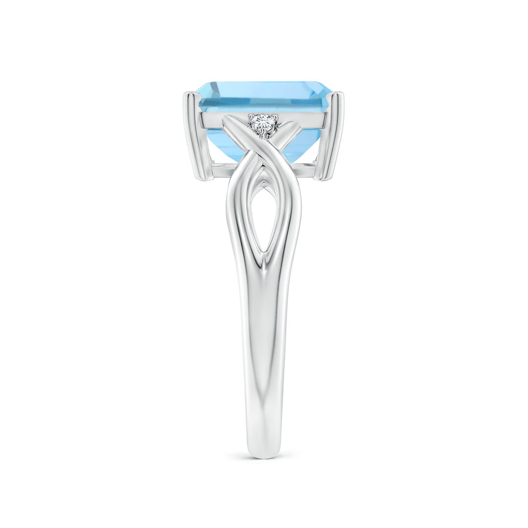 10x8mm AAAA Twist Shank Emerald Cut Aquamarine Statement Ring in White Gold - side 3
