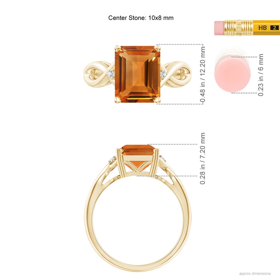10x8mm AAA Twist Shank Emerald Cut Citrine Statement Ring in Yellow Gold ruler