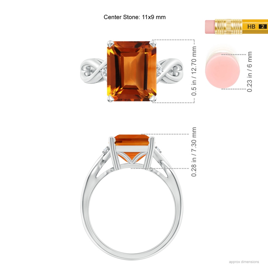 11x9mm AAAA Twist Shank Emerald Cut Citrine Statement Ring in P950 Platinum ruler