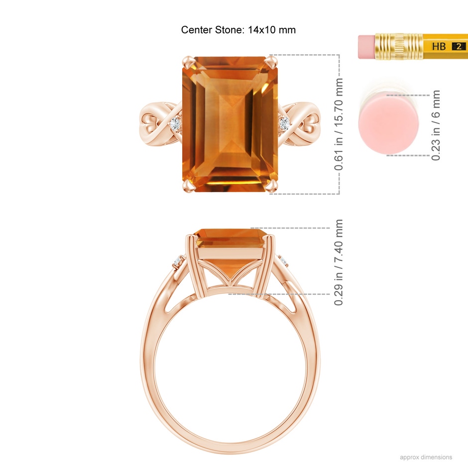 14x10mm AAA Twist Shank Emerald Cut Citrine Statement Ring in Rose Gold ruler