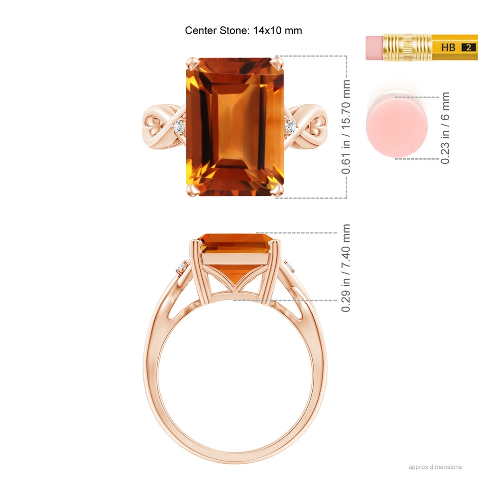 14x10mm AAAA Twist Shank Emerald Cut Citrine Statement Ring in Rose Gold ruler