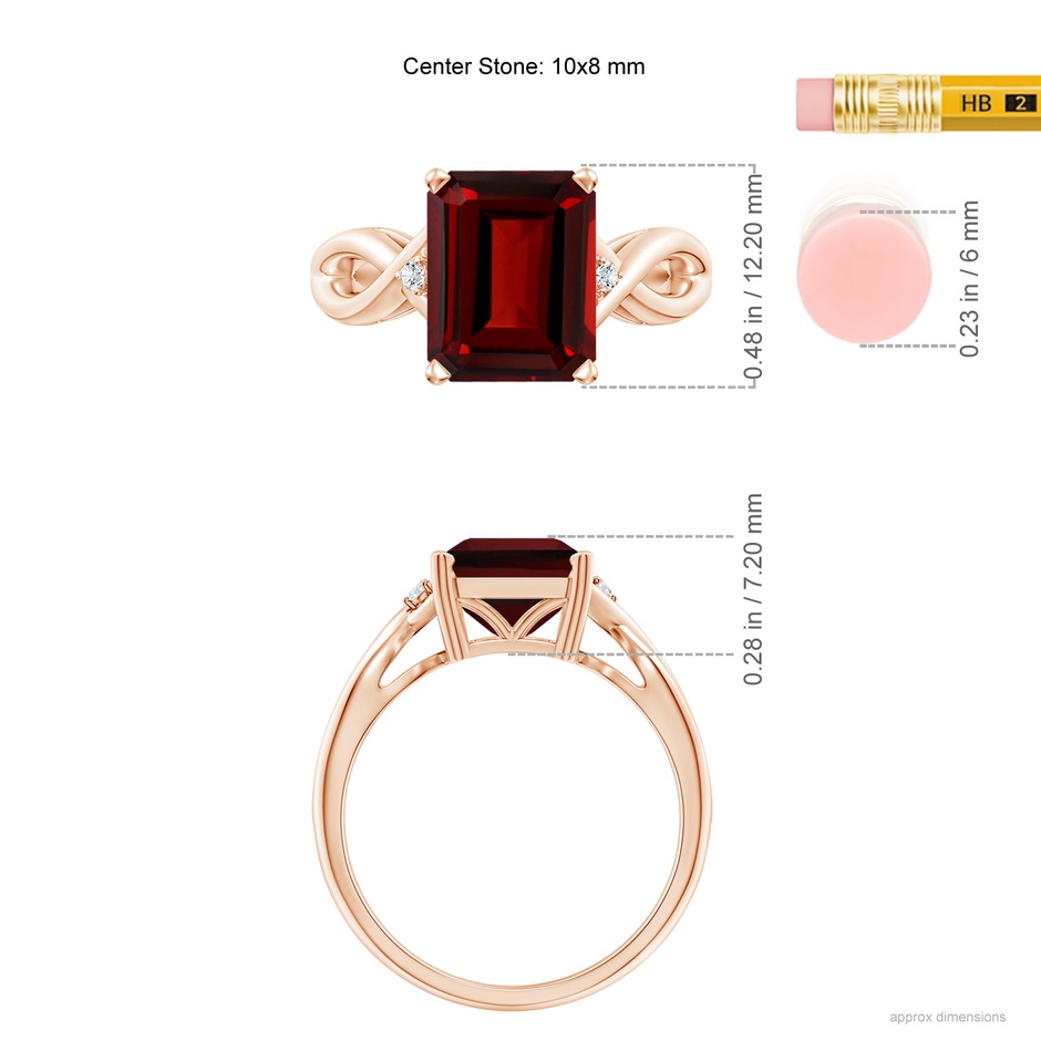 10x8mm AAAA Twist Shank Emerald Cut Garnet Statement Ring in Rose Gold ruler