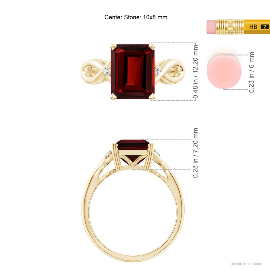 10x8mm AAAA Twist Shank Emerald Cut Garnet Statement Ring in Yellow Gold ruler
