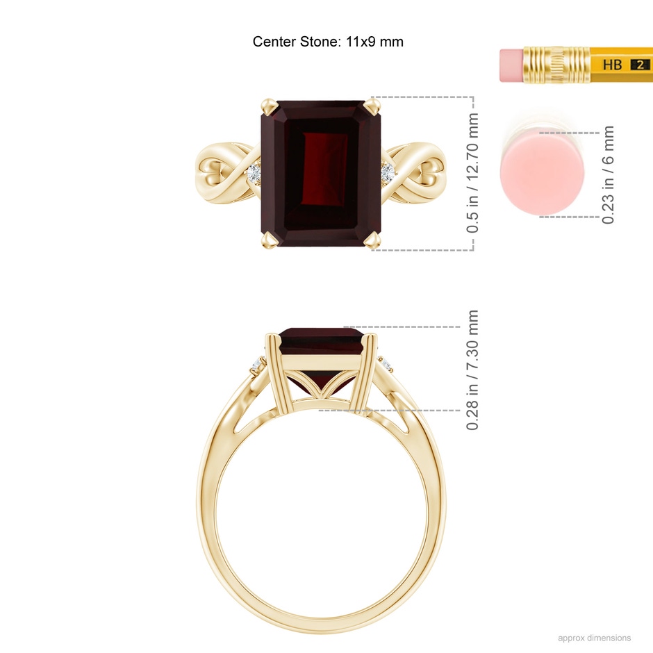 11x9mm A Twist Shank Emerald Cut Garnet Statement Ring in Yellow Gold ruler
