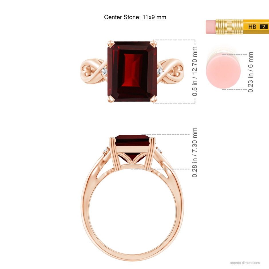11x9mm AA Twist Shank Emerald Cut Garnet Statement Ring in Rose Gold ruler