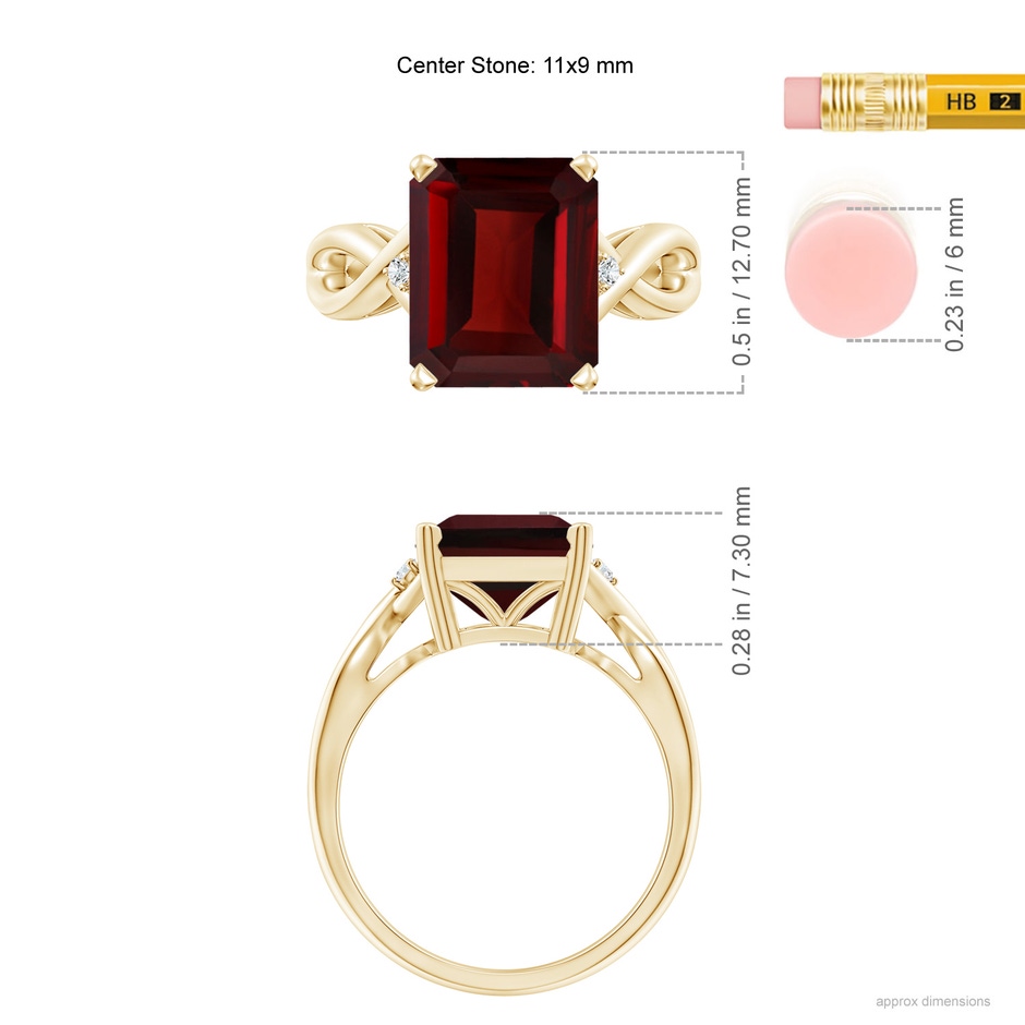 11x9mm AAA Twist Shank Emerald Cut Garnet Statement Ring in Yellow Gold ruler