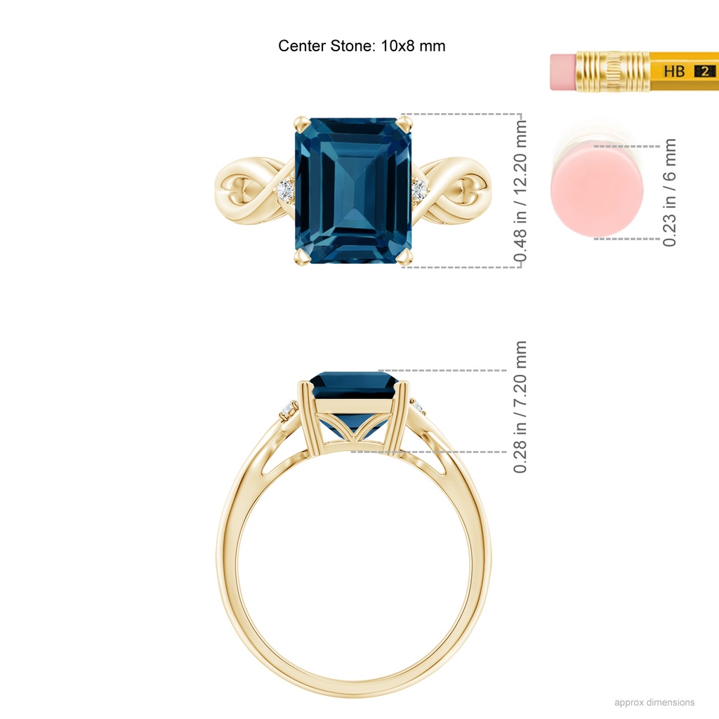 10x8mm AAAA Emerald Cut London Blue Topaz Twist Shank Statement Ring in Yellow Gold Ruler