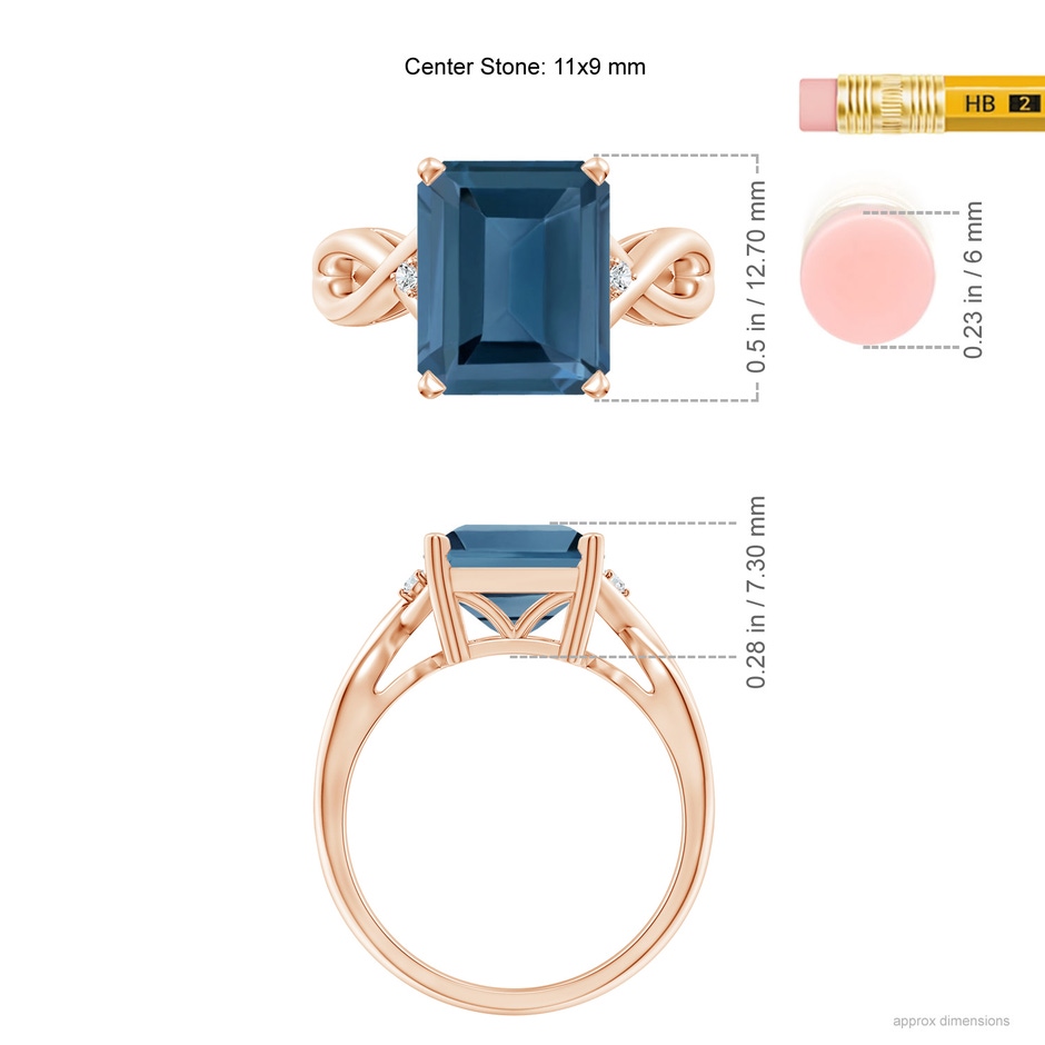 11x9mm A Emerald Cut London Blue Topaz Twist Shank Statement Ring in Rose Gold ruler